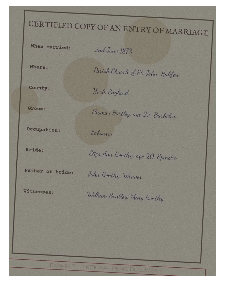 Antes: um exemplo inventado de certidão de casamento, escuro, cinza e um pouco torto.