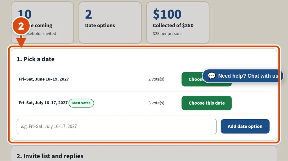 Uma página de encontro. A lista de datas está circulada e marcada com o número 2.
