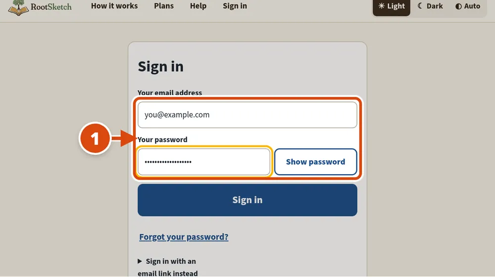 A página de entrar. As caixas de e-mail e senha estão circuladas e marcadas com o número 1.