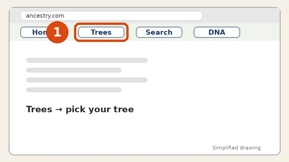Um desenho simples do site do Ancestry. A aba Trees está circulada e marcada com o número 1.