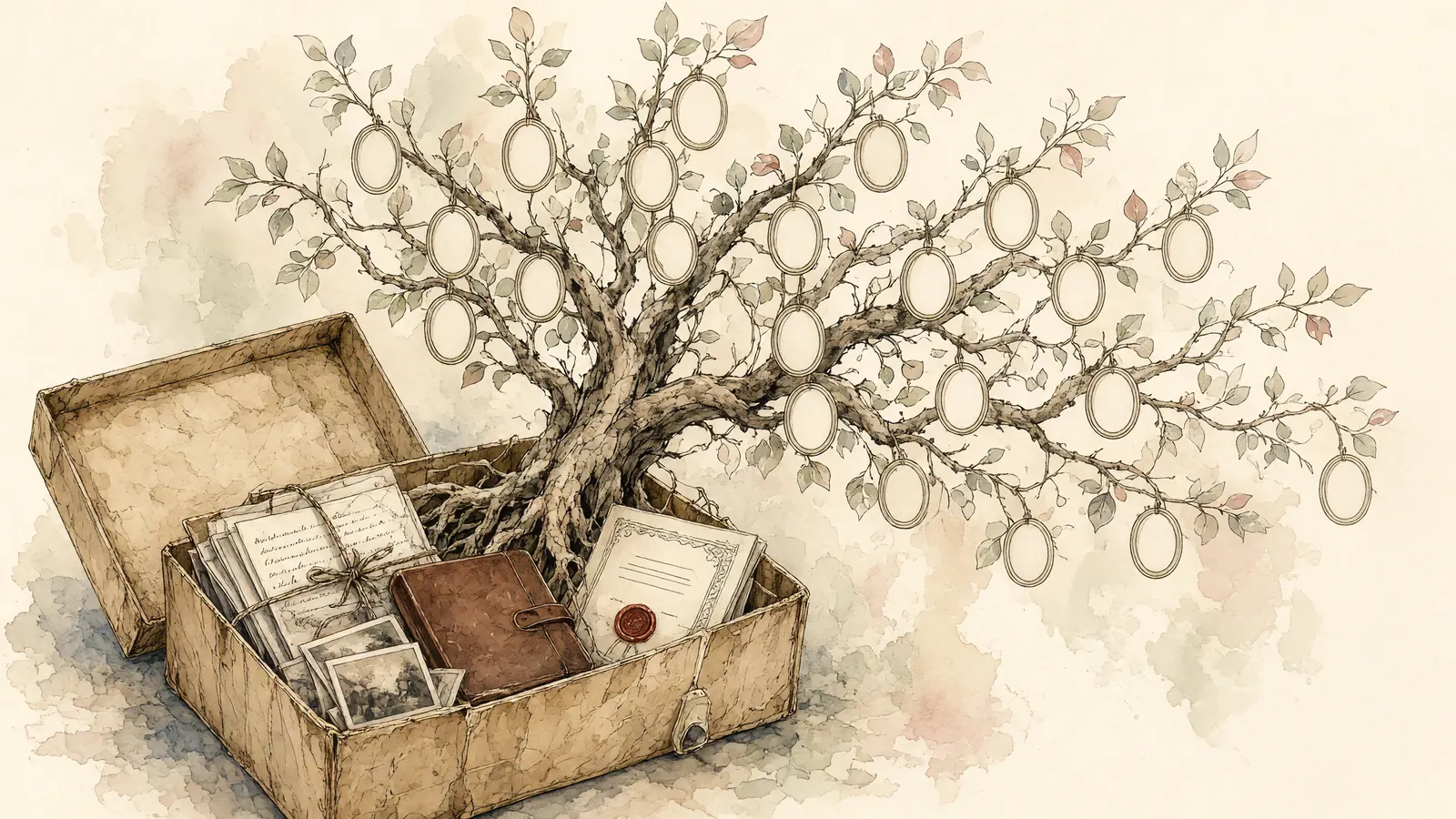 Watercolor sketch of an open old shoebox full of tied letters, photographs, a leather journal and a sealed certificate, with a family tree growing out of it, its branches hung with empty oval portrait frames.