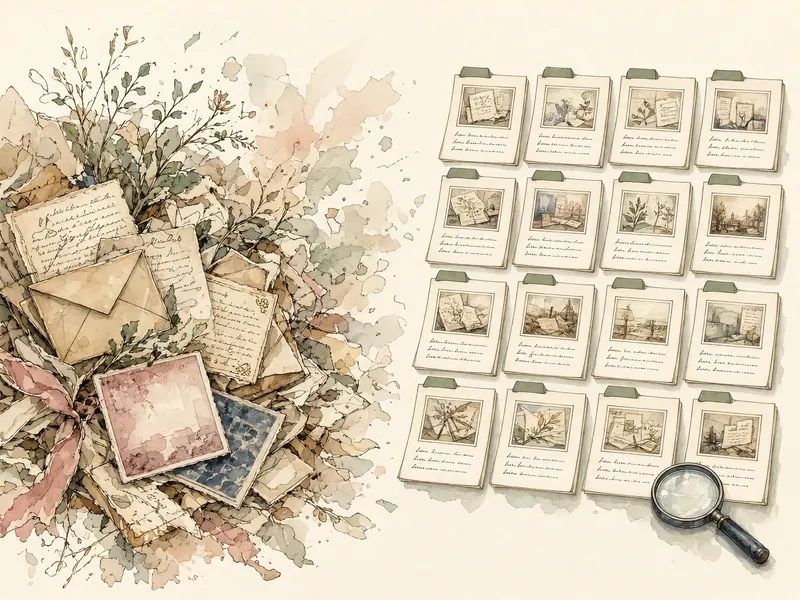 Watercolor of a jumbled pile of old letters and photos turning into neat rows of index cards beside a magnifying glass.
