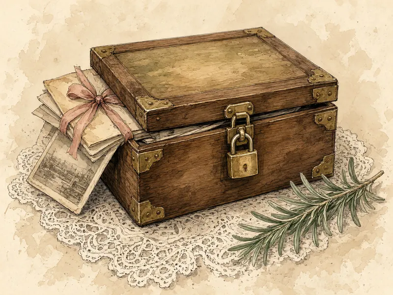Watercolor of an old wooden keepsake box with brass corners and a small padlock, with tied letters and a photograph tucked safely beside it.