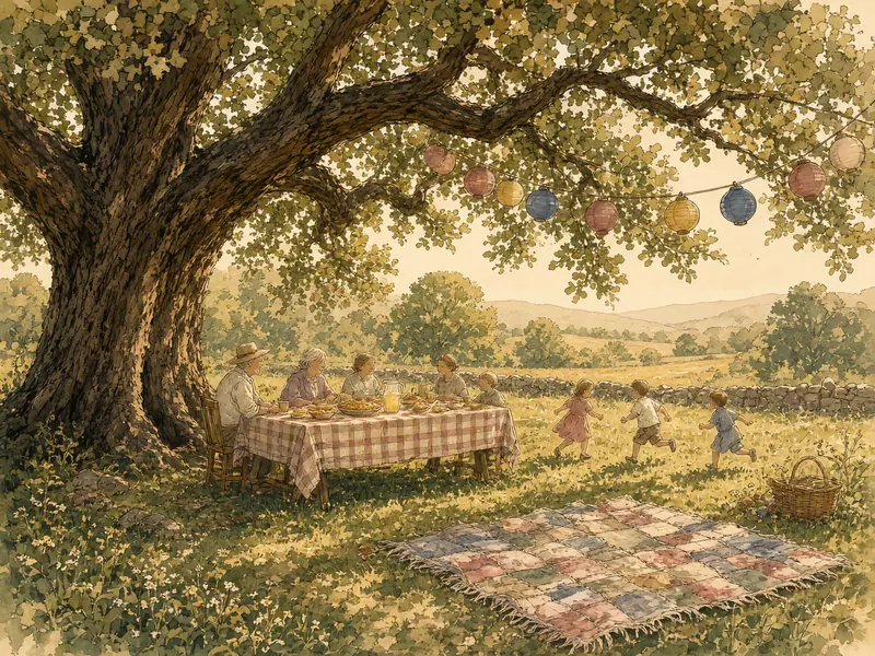 Watercolor of a large family picnic under a big old oak tree, with a long table, a quilt on the grass, children playing and lanterns in the branches.