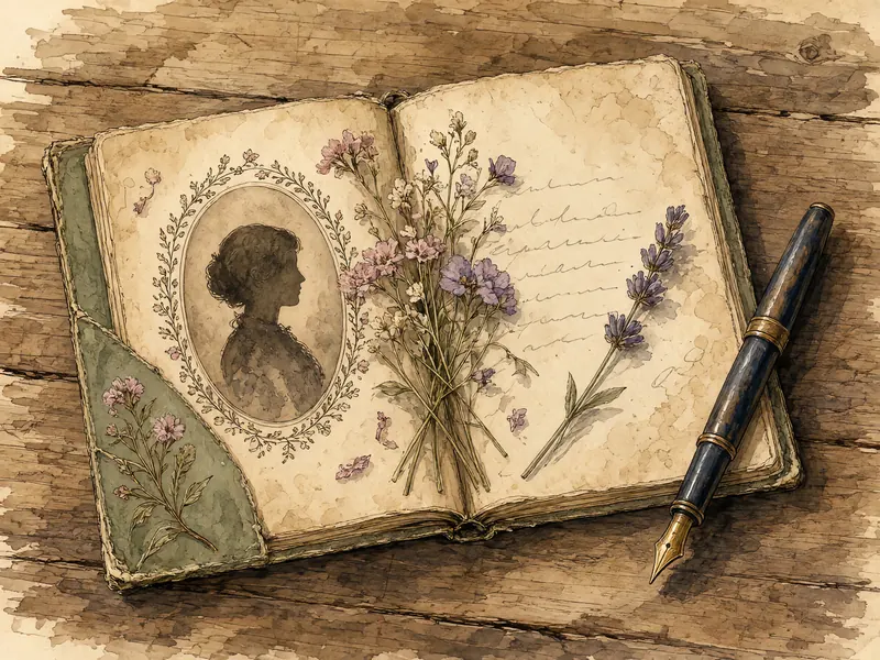 Watercolor of a small handmade book lying open, with an oval silhouette portrait on one page and pressed wildflowers and lavender across the pages.