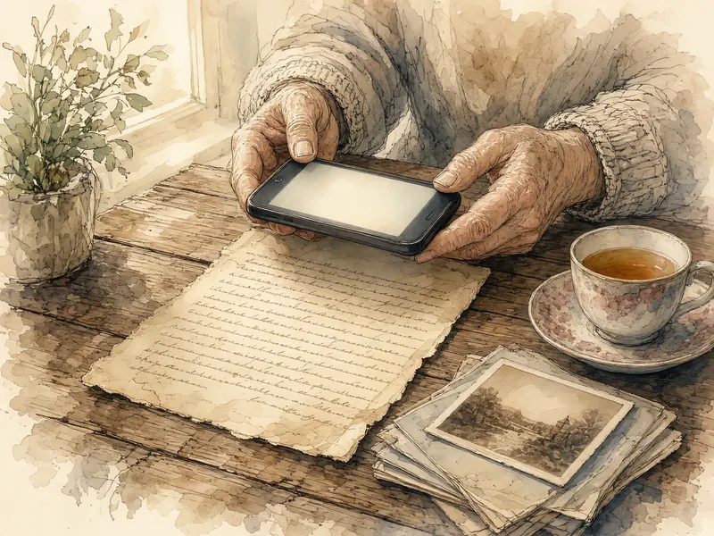 Watercolor of older hands taking a phone photo of a handwritten letter on a kitchen table, with old photographs and a cup of tea nearby.